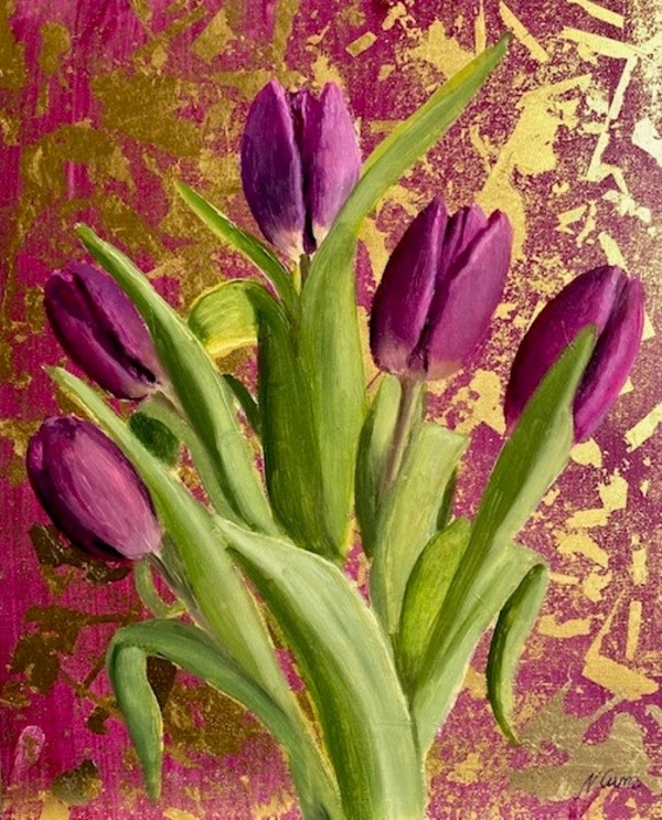 Magenta Tulips on Gold by Nicola Currie