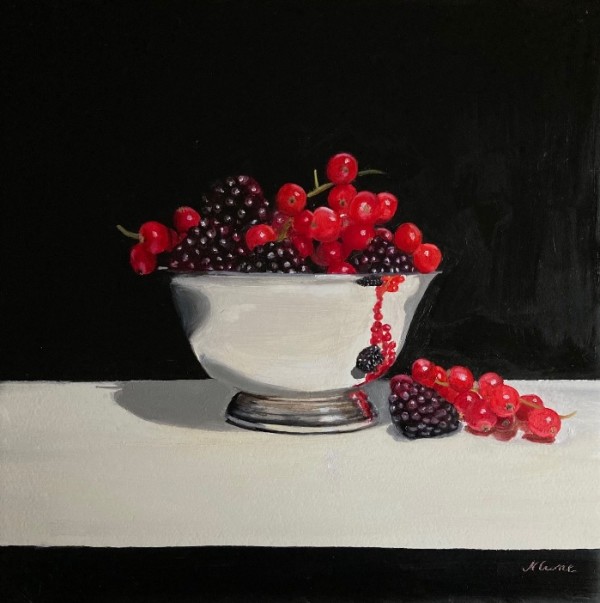 Redcurrants and Blackberries in a Silver Bowl by Nicola Currie