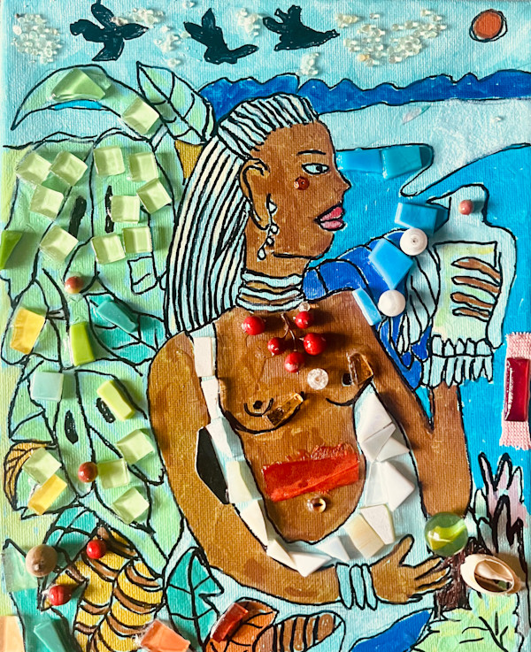 Brown Girl sitting by the Ocean with a bird by Kym Cooper by Kym Debra Cooper