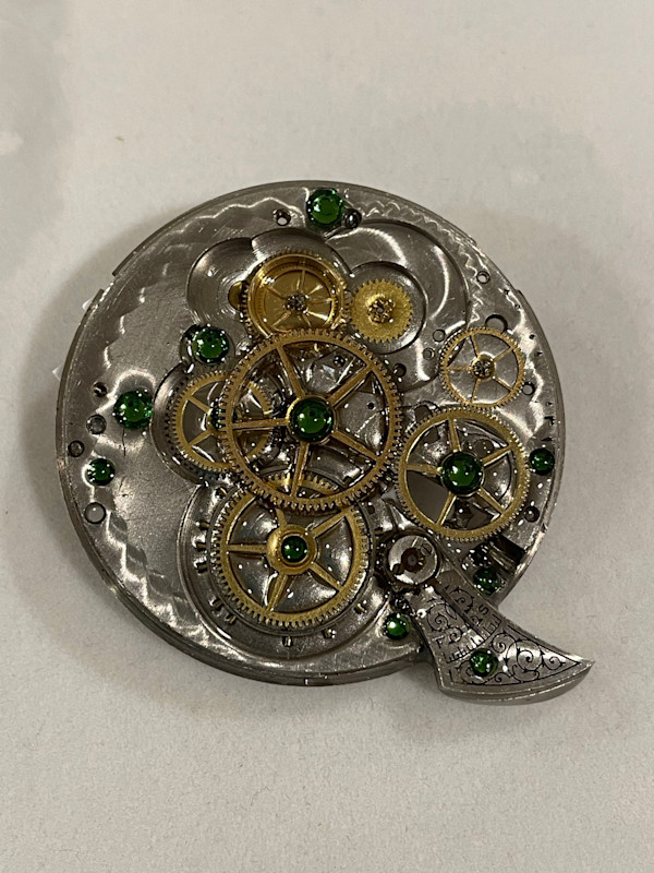 Antique Pocket Watch Plate Pin, Green Swarovski Crystals by Melissa Flattery