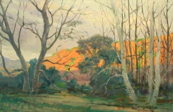 Sycamores Against Hills in Sunset Glow by J. Leo Fairbanks