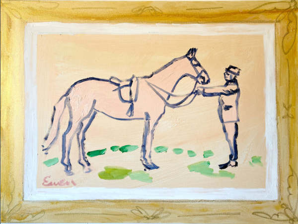 Simple Pink Horse Painting with Man in Hat by Anne-Louise Ewen