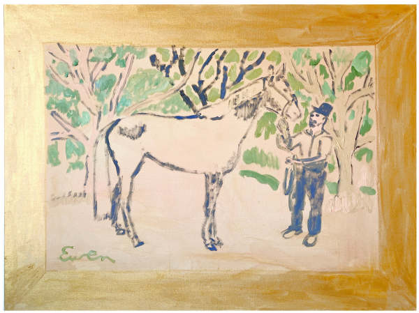 Horse Painting with Man in Hat (Wide Gold Frame) by Anne-Louise Ewen