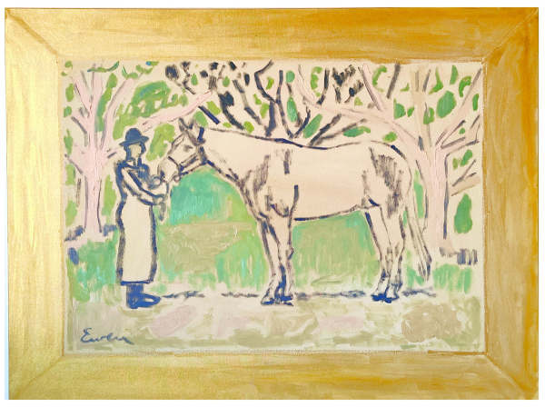 Horse Painting with Lady in Hat (Wide Gold Frame) by Anne-Louise Ewen