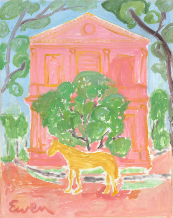 Yellow Horse with Pink Building by Anne-Louise Ewen