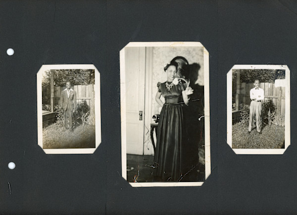 Woman holding flower. men posing outdoors (album page) by Unknown