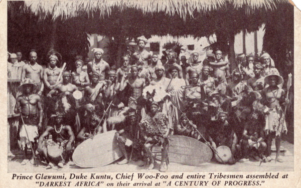 Prince Glawumi, Duke Kuntu, Chief Woo-Foo, and entire Tribesmen assembled at "Darkest Africa" on their arrival at "A Century of Progress" by Unknown