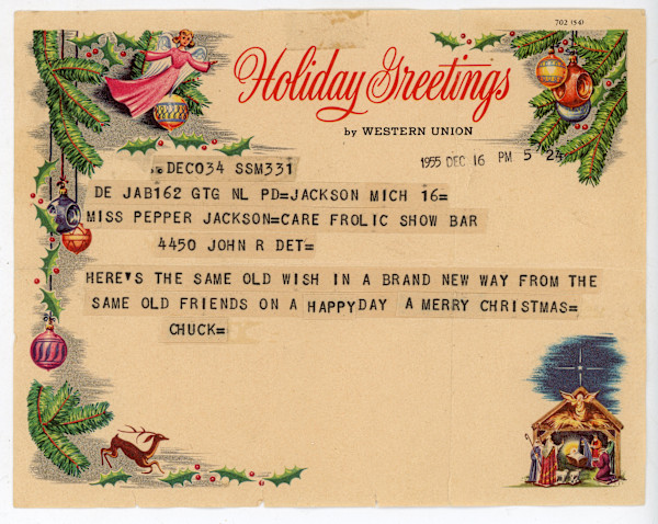 Detroit Frolic Show Bar Merry Christmas Telegram to Pepper Jackson from Chuck at Jackson Prison by Unknown