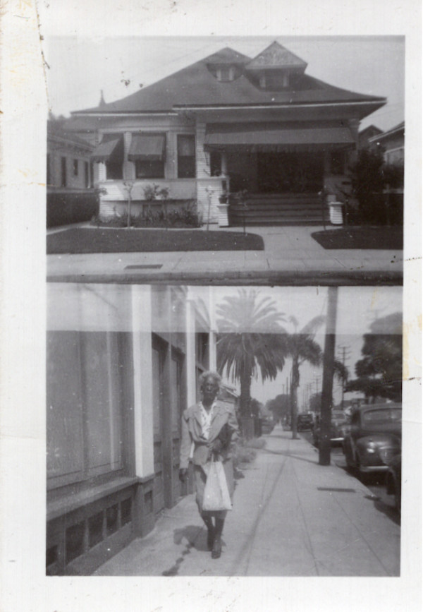 Double exposure of woman walking and house, California by Unknown