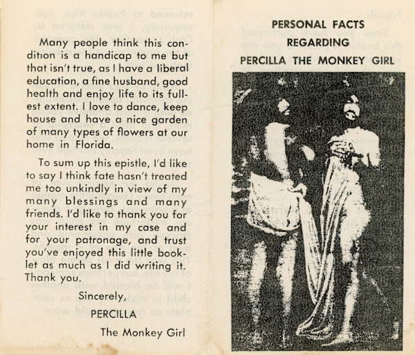 Percilla Bejano (1911 - 2001), The Monkey Girl pitch card by Unknown