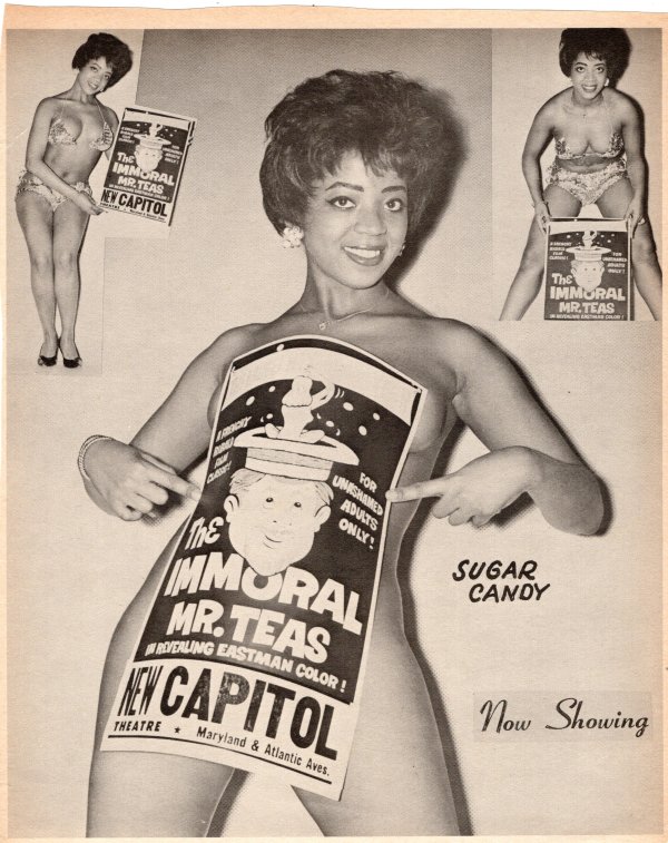 Sugar Candy (Gladys Moore) advertising Russ Meyers' "The Immoral Mr. Teas" movie, New Capitol Theatre, Washington, D. C. by Unknown