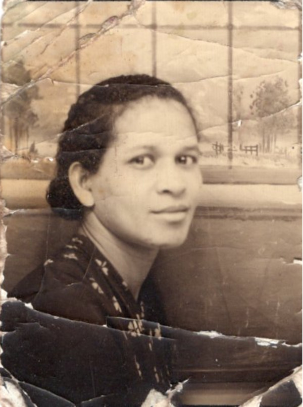 Woman with window landscape backdrop by Unknown