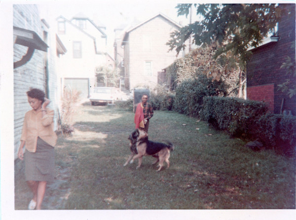 Woman, boy, & two dogs in side yard by Unknown