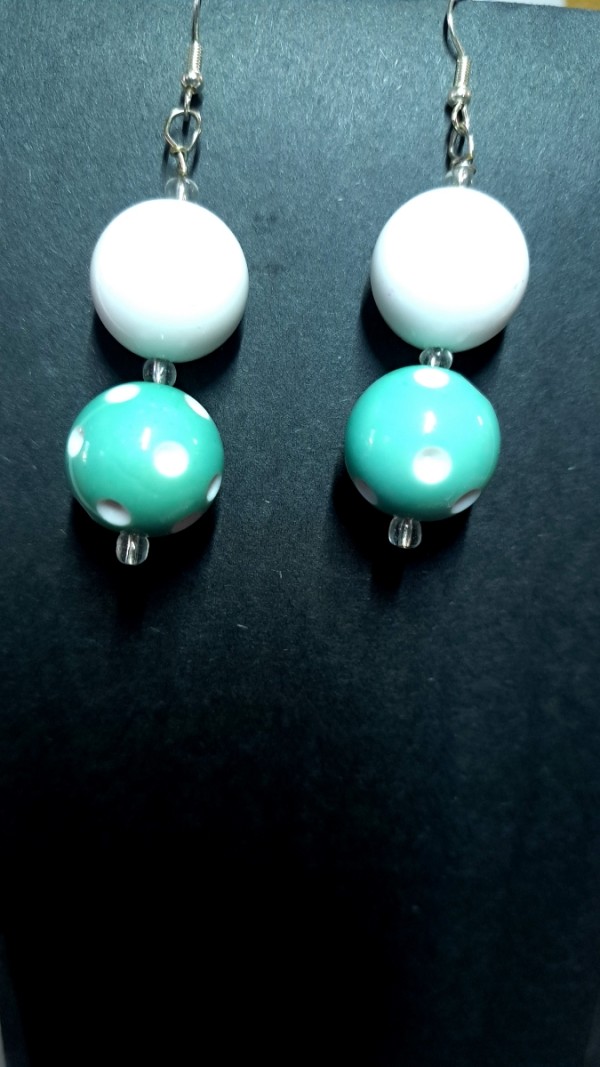 Earrings: "Go-Go" White and Light Green & White Polka Dots by Perry Art Productions "Finding The Beauty"