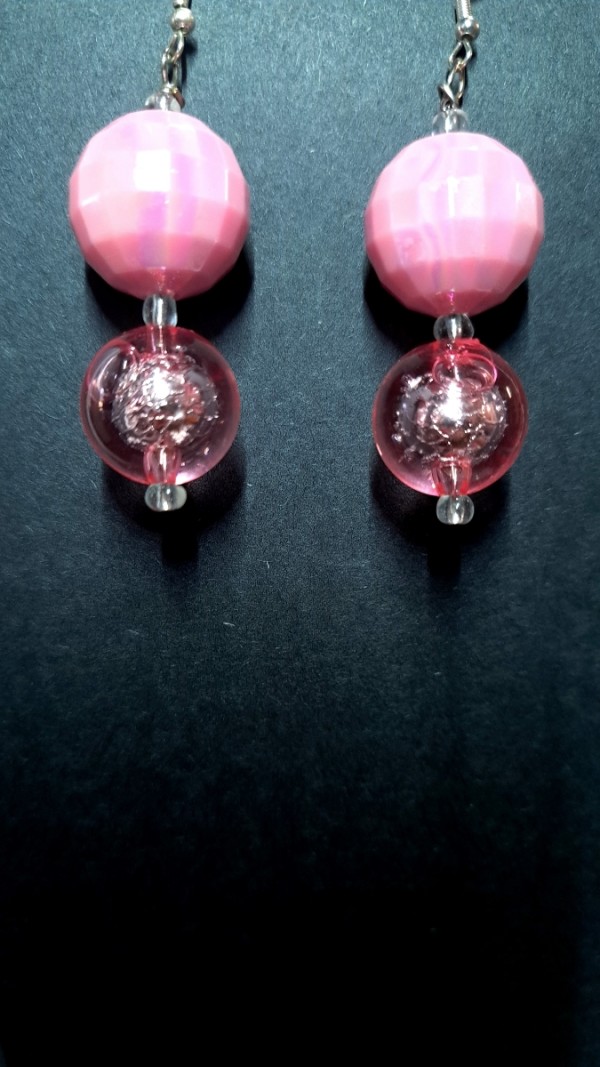 Earrings: "Go-Go" Pink Disco ball and Pink Crackle by Perry Art Productions "Finding The Beauty"