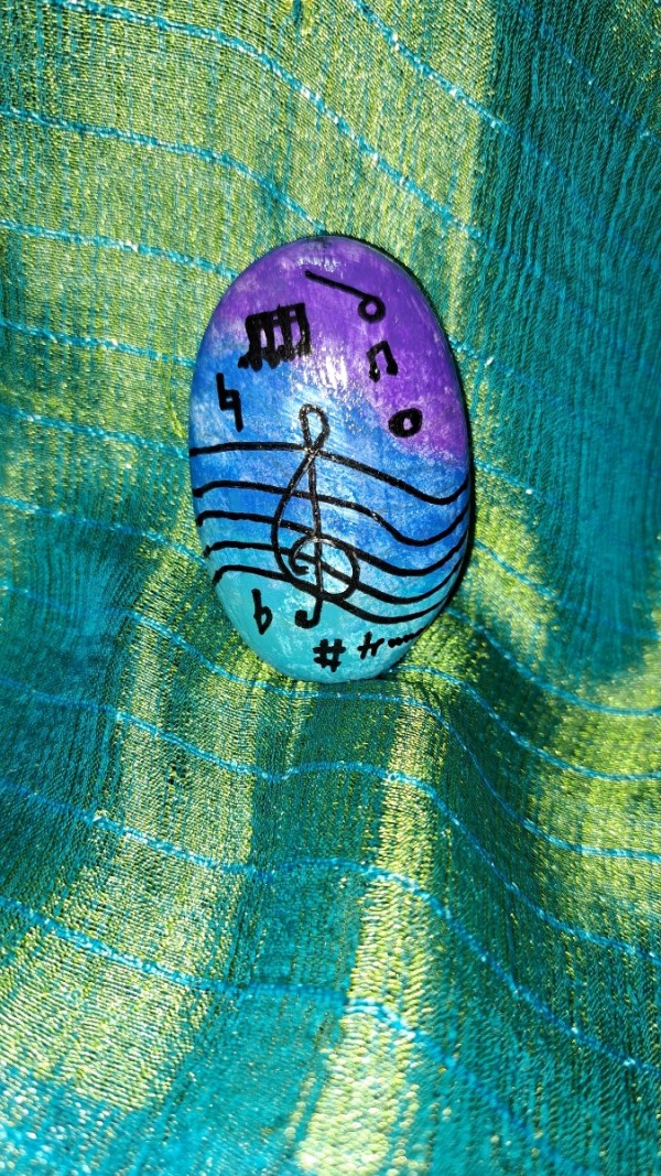 Painted Rock Music Notes Blue Background by Perry Art Productions "Finding The Beauty"