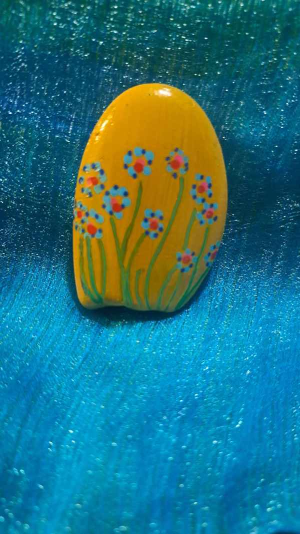 Painted Rock Blue Flowers w/ Yellow Background by Perry Art Productions "Finding The Beauty"