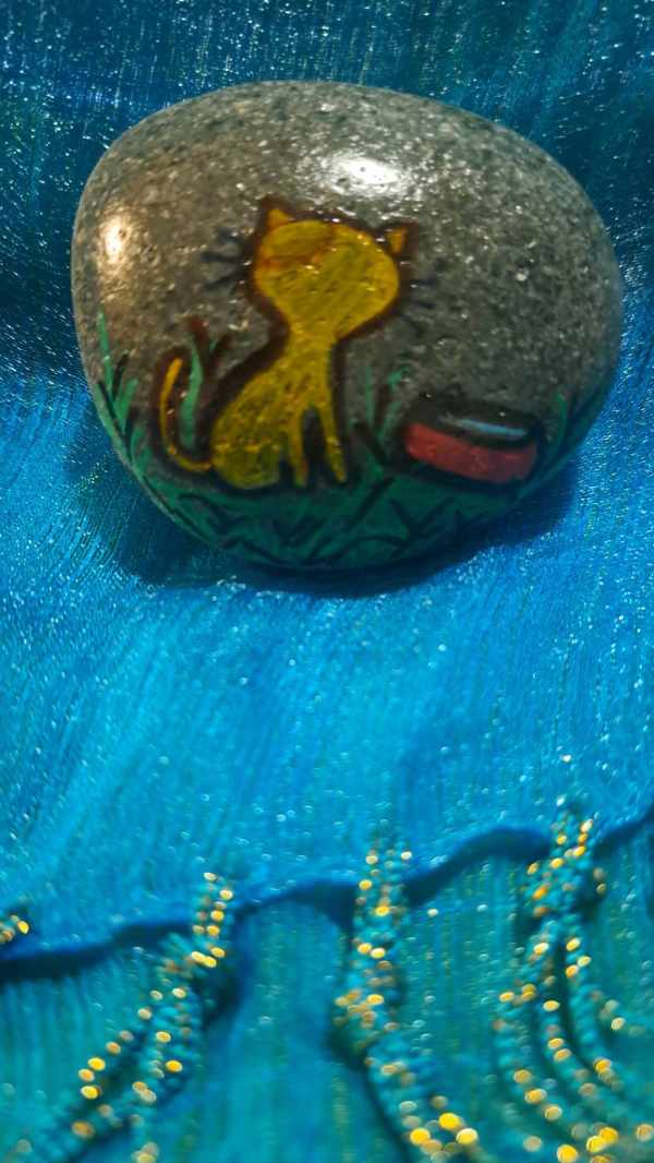 Painted Rock Cat and Bowl by Perry Art Productions "Finding The Beauty"
