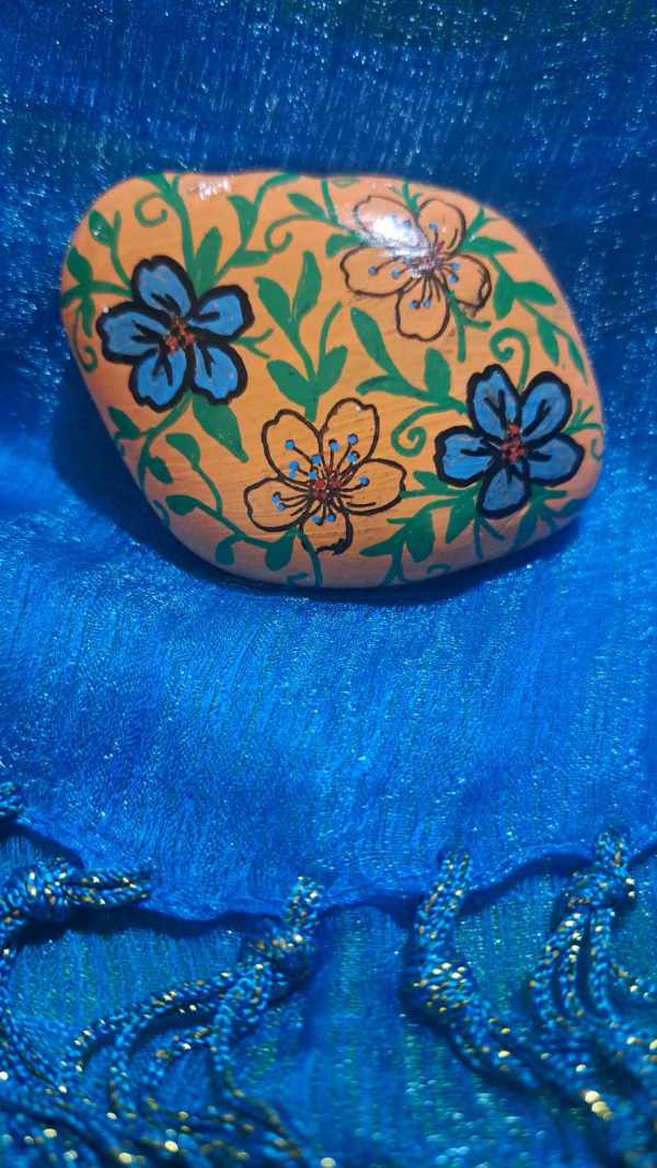 Painted Rock Yellow Background with Blue Flowers by Perry Art Productions "Finding The Beauty"