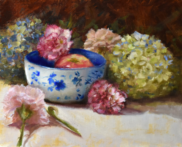 Hydrangeas, carnations, and Blue Bowl by Aida Garrity