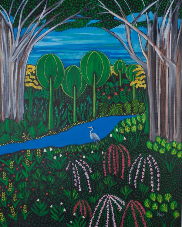 Great Blue Heron and the Banyan Trees by Sharon Mroz