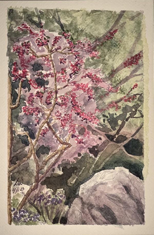 Descanso; flowering tree on a misty day by Lon Bender
