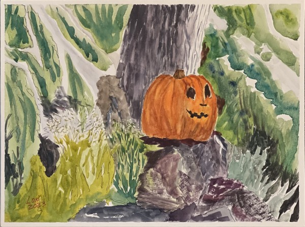 Pumpkin on a rock in the Forest by Lon Bender