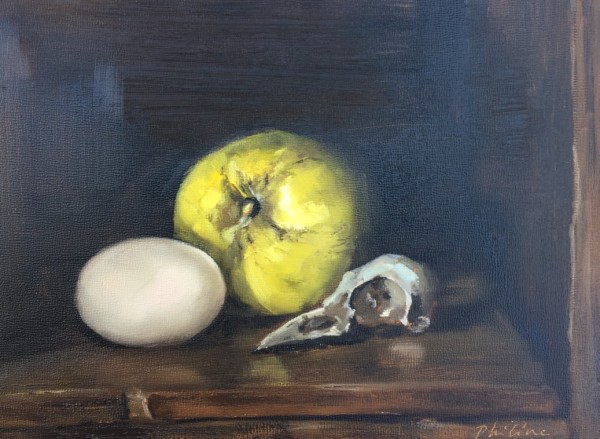 Egg, quince and chicken skull by Philine van der Vegte