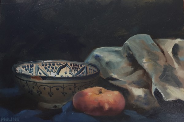 Still life with peach, crockery and a painting rag by Philine van der Vegte