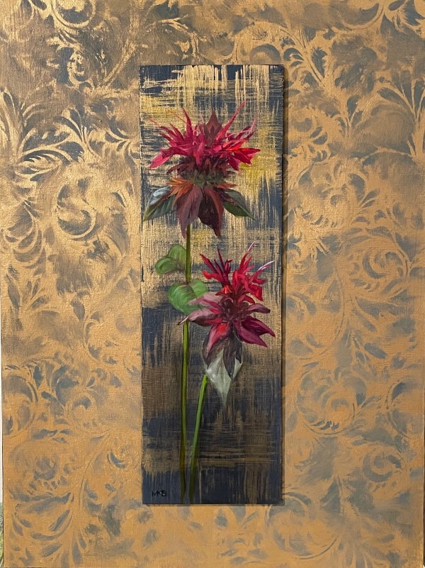 Scarlet Bee Balm on Gold Brocade by Mary Bryson