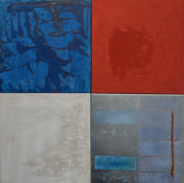 BLUE TRACES, WARM RED, WHITE FIELD AND SILVER WITH BLUE RECTANGLES by Maria Cerro