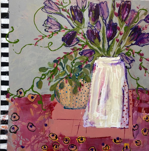 Purple Bouquet In White Vase by Jill Krasner