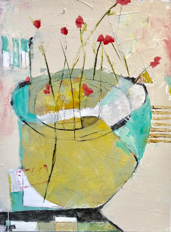 Citrus Vessel with Red Flowers by Jill Krasner