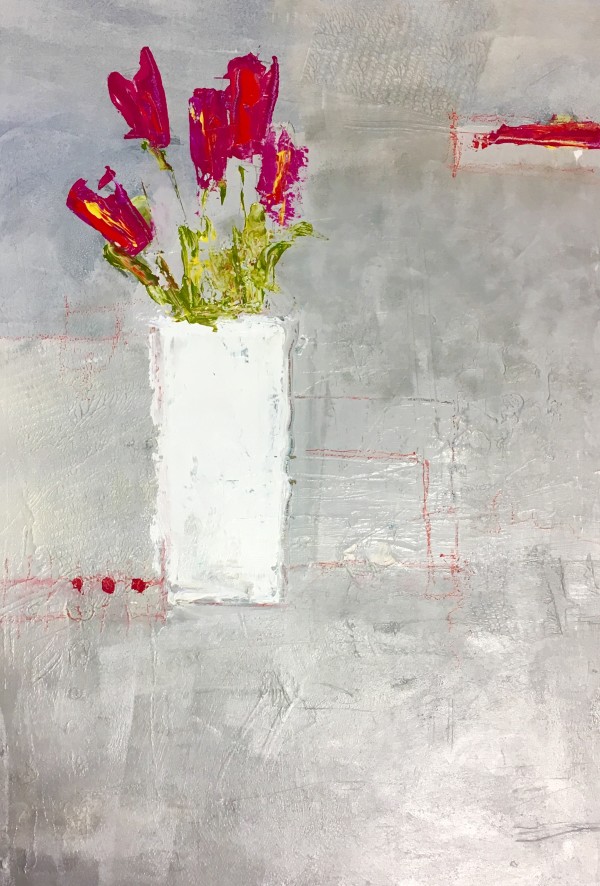 Red Tulips in White Vase by Jill Krasner