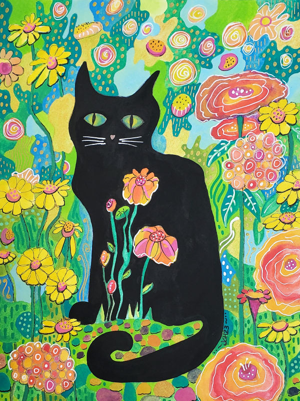 Black Cat in Flowers 2023 by Jo Claire Hall