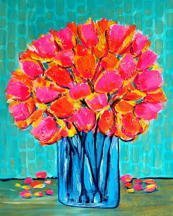 Pink Flowers in a Glass Vase 2022 by Jo Claire Hall