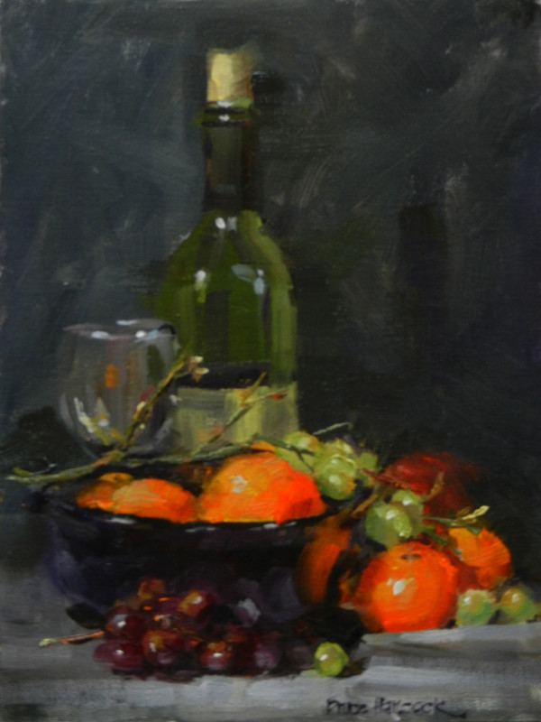 Green Wine Bottle with Oranges by Bruce Hancock