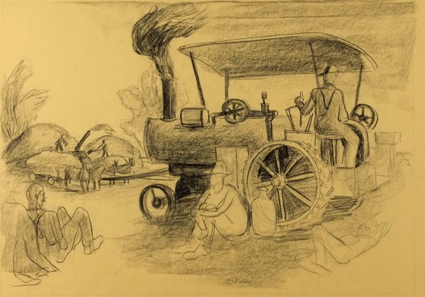 "Steam Threshing" Sketch for Painting by Fred Shane, Image 1.