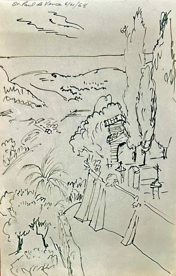 "St. Paul de Vence: View of the Cemetery, Sketch" named by CLL aka "Looking South from St. Paul de Vence" by Fred Shane, Image 1.