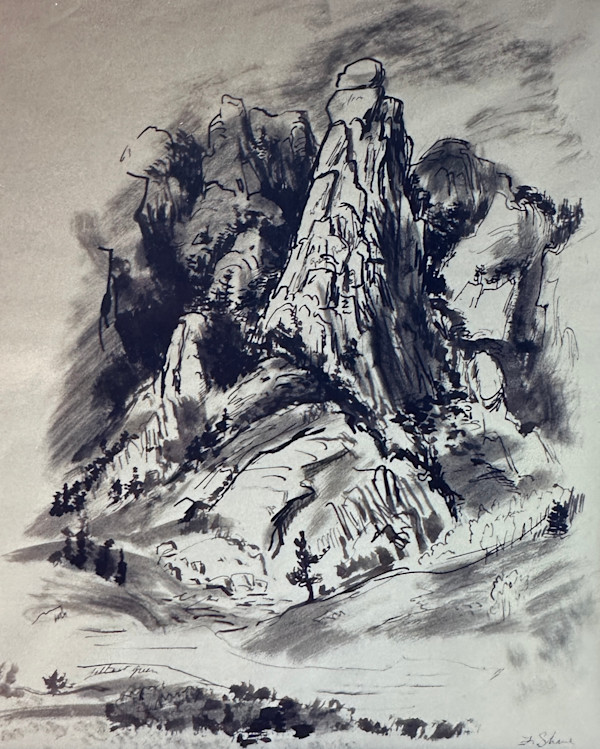 "Cathdral Rocks, Colorado" aka "Castle Rock" pen and ink sketch by Fred Shane, Image 1.
