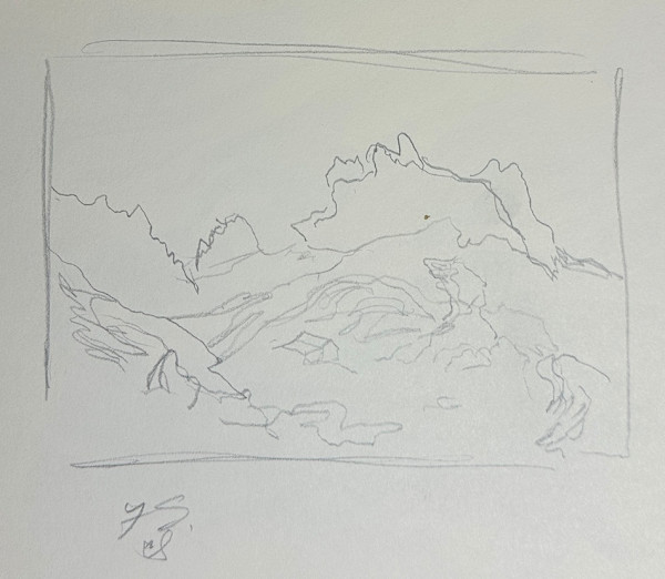 "Mountain with Rocky Crags, House and Horses, initial sketch" named by CLL by Fred Shane, Image 1.
