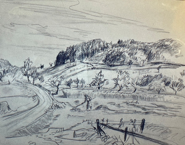 "Above Boll: Haying in the Swabian Mountains", sketch for painting by Fred Shane, Image 1.