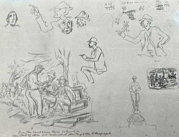 "Three Men at Courthouse in Columbia, MO" sketch by Fred Shane, Image 1.