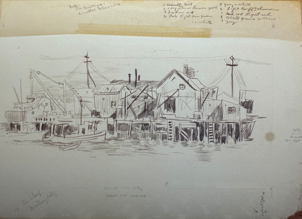 "Wharf at Monterey, California" (Sketch for painting) by Fred Shane, Image 1.