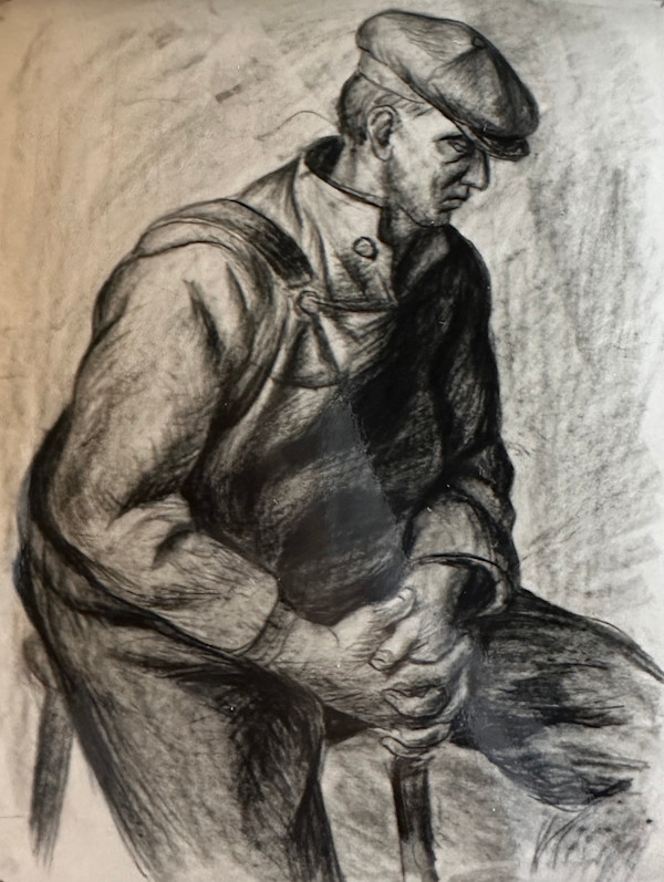 "Figure Study: Seated Man in Overalls and Cap" named by CLL by Fred Shane, Image 1.