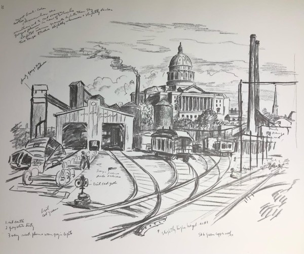 "State Capitol, Jefferson City, Missouri, The" with Railway Yard, study by Fred Shane, Image 1.