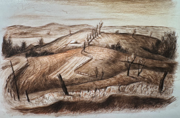 "Landscape: Rolling Hills with Trees, Fence Posts" sketch for painting, named by CLL by Fred Shane, Image 1.