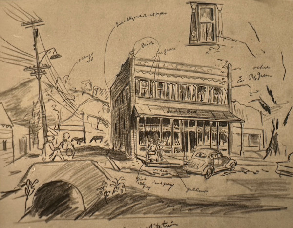 "Corner Store with a Footbridge, a Parked Car and Two People" sketch for painting, named by CLL by Fred Shane, Image 1.