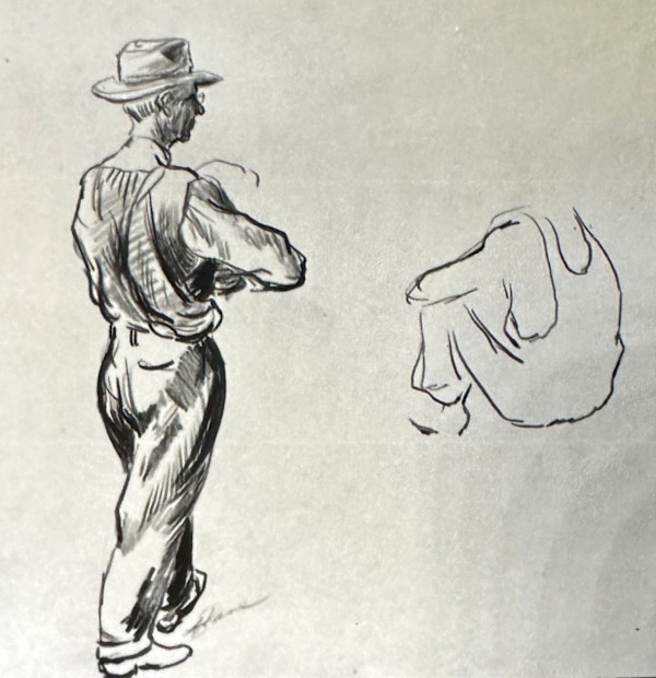 "Figure Study: Standing Man from Behind with Overalls" named by CLL by Fred Shane, Image 1.