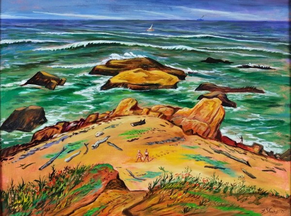 "California Seascape" aka "California Coast, Beachcombers with a Boat, Vibrant Color" named by CLL by Fred Shane, Image 1.